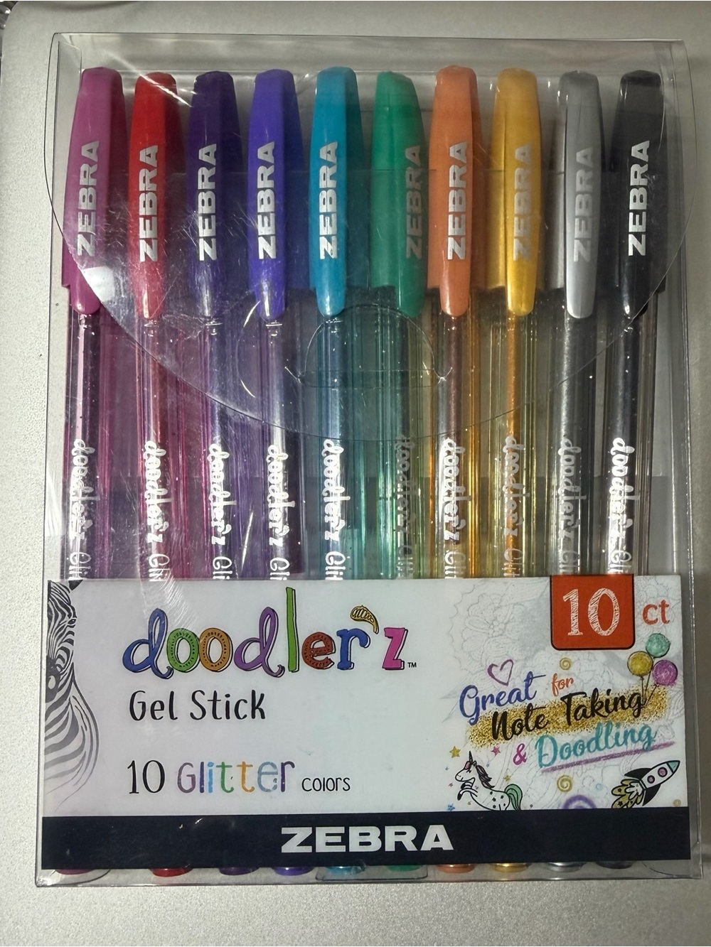 10pk Zebra Pen Doodlerz Gel Stick Pen Bold Point, 1.0mm, Assorted Glitter